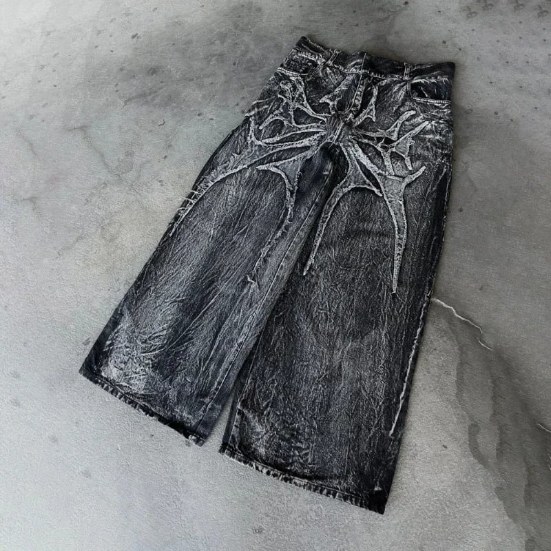 Baggy džíny Y2K Gothic s výšivkou pavouka široké nohavice unisex streetwear styl