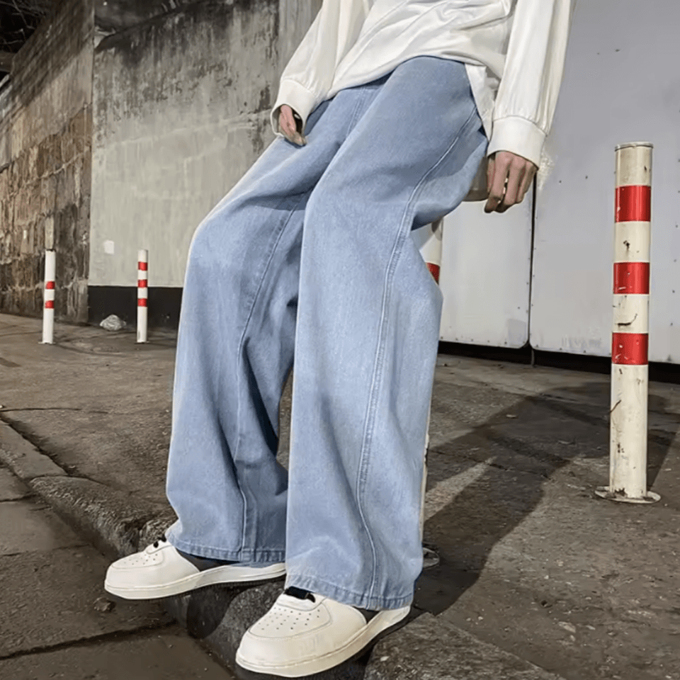 Pánské široké džíny oversize volné rovné kalhoty streetwear casual denim jednobarevné