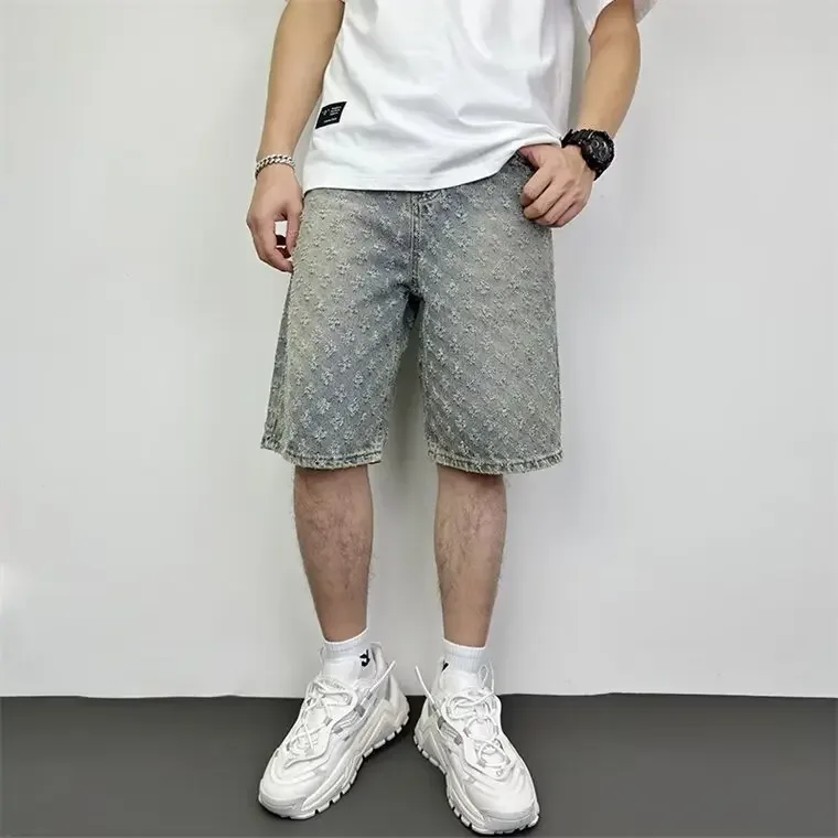 Pánské volné džínové kraťasy rovný střih pružný pas casual streetwear styl