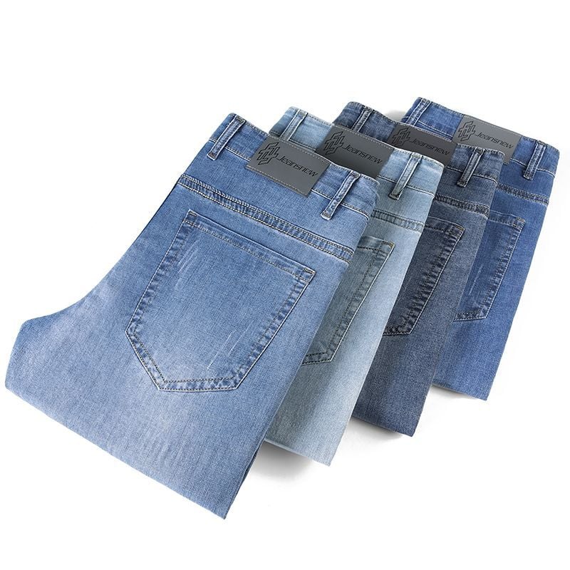 Pánské letní džíny slim straight fit světle modré denimové kalhoty casual pravidelný střih