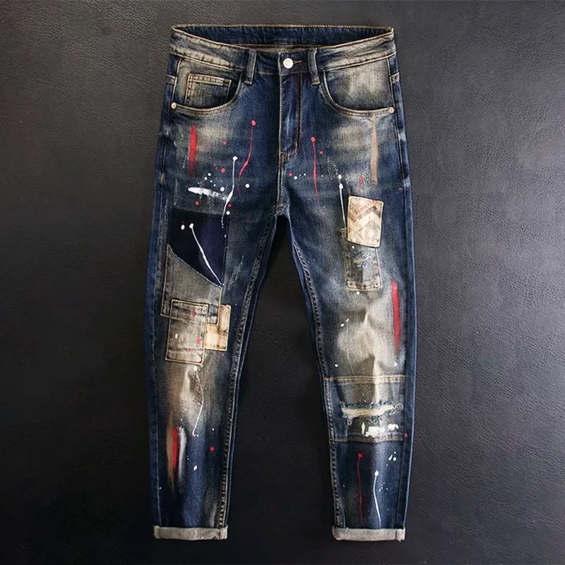 Pánské rovné džíny s potiskem - pohodlné strečové kalhoty casual styl jaro podzim