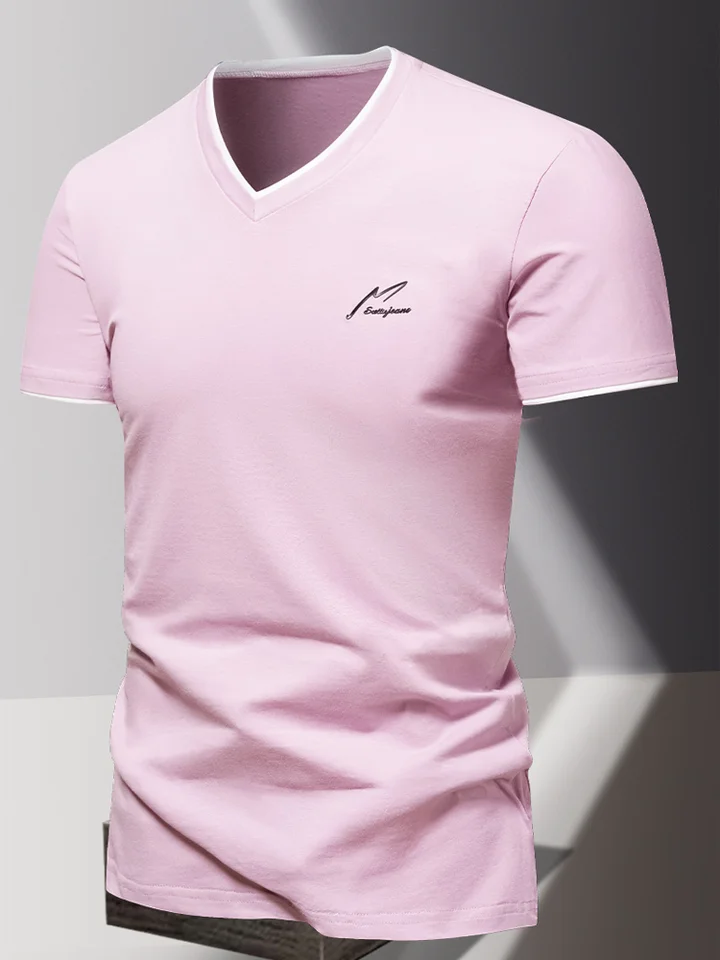 Pánské bavlněné tričko s výstřihem do V - sportovní casual tričko jednobarevné 2024