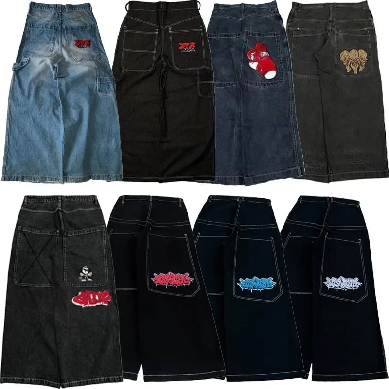 Vintage Y2K baggy džíny unisex - široké nohavice s výšivkou hip hop streetwear styl