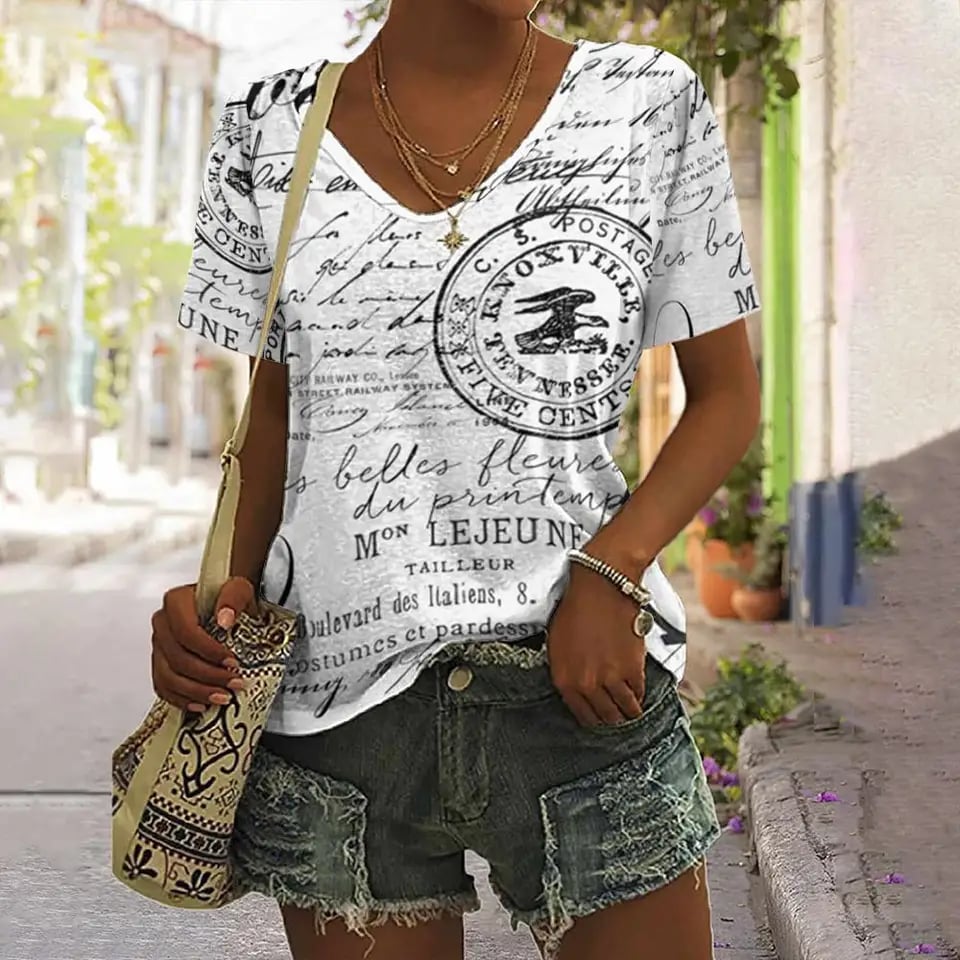 Dámské tričko s V výstřihem černobílý nápis vintage design casual léto plus size