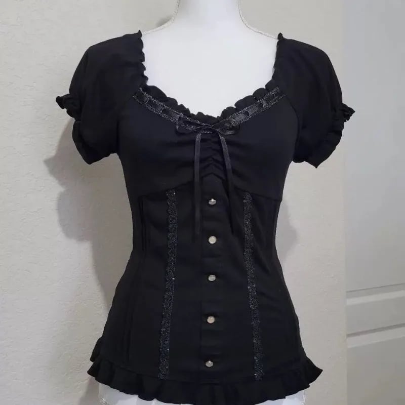 Dámská černá halenka s mašlí a krátkým rukávem vintage retro elegantní top