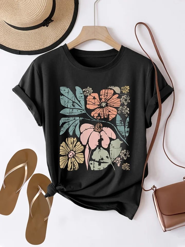Dámské tričko s květinovým potiskem krátký rukáv bavlna casual top letní móda