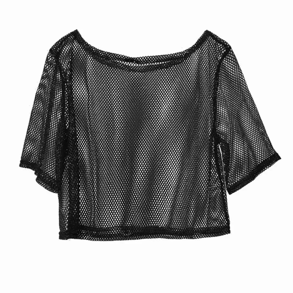 Dámské síťované crop top tričko průsvitné mesh tílko pro jógu tanec a párty