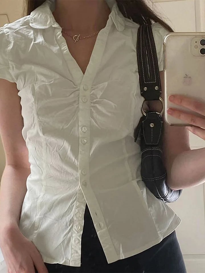 Bílé tričko s vázáním krátký rukáv límec knoflíky crop top vintage dámské letní