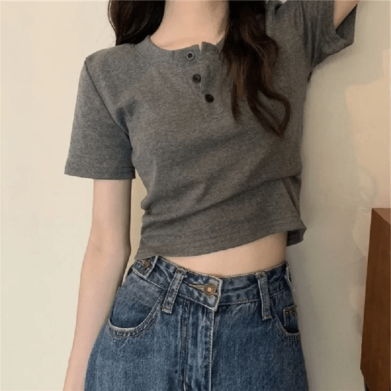 Dámské bavlněné tričko s knoflíky - letní casual top s krátkým rukávem