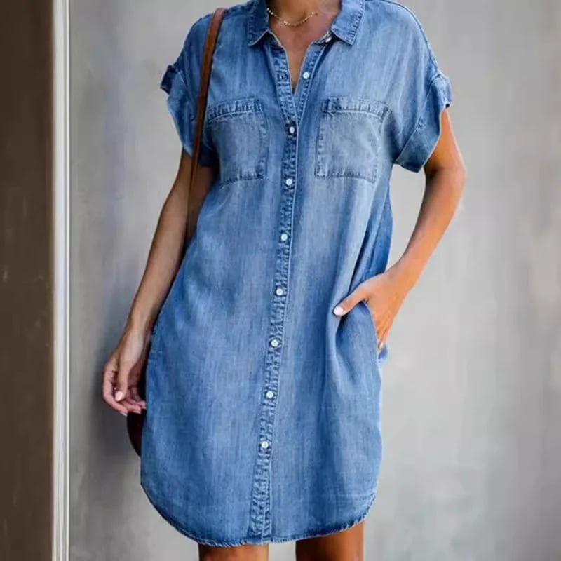 Dámské džínové šaty elegantní letní košilové slim fit krátký rukáv modré
