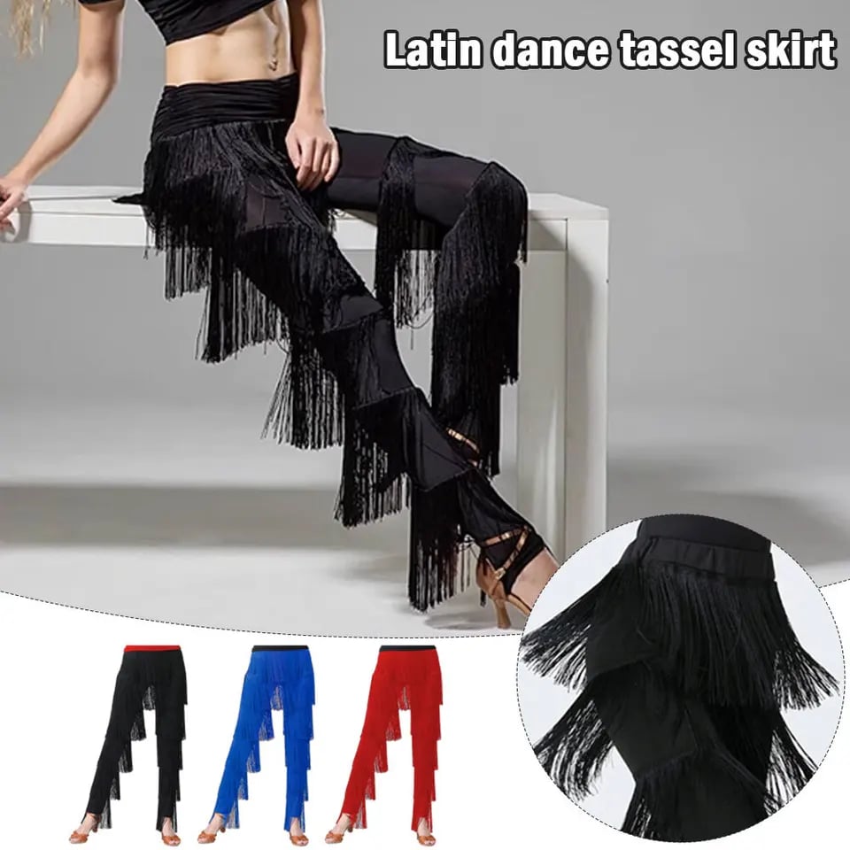 Dámské taneční kalhoty s třásněmi na latino a cha-cha tanec, elastický pas, výkonnostní model