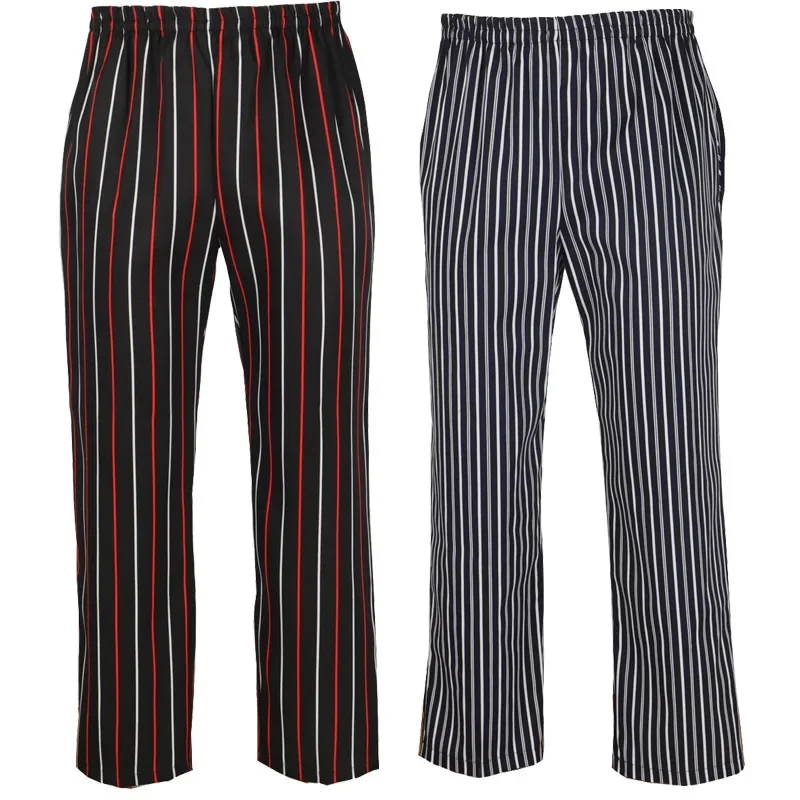 Pánské kuchařské kalhoty s elastickým pasem - pruhované pracovní kalhoty do kuchyně a restaurace