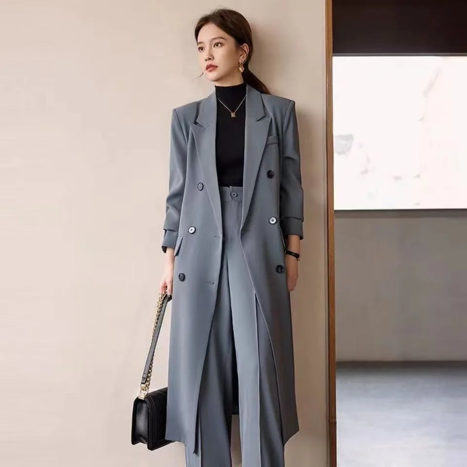 Dámský elegantní dlouhý blazer jarní podzimní volný střih kancelářský styl šedý