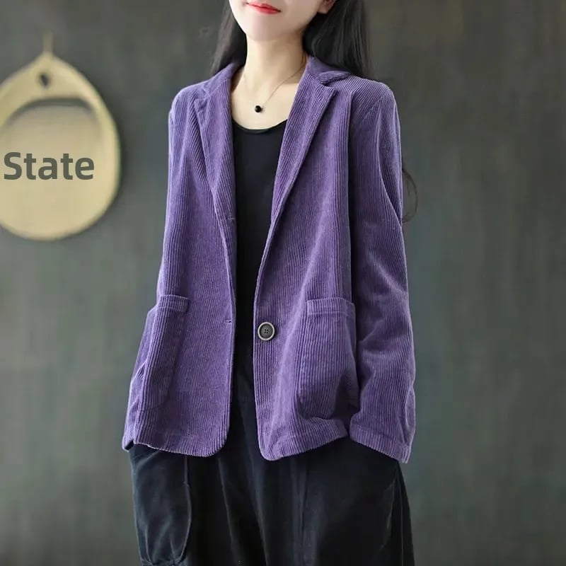 Dámský manšestrový blazer krátký - elegantní podzimní kabátek s kapsami, vintage střih