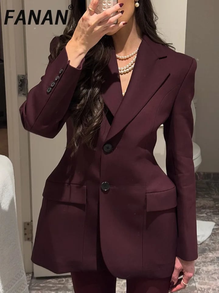 Elegantní dámský vínový kabát s kapsami a dlouhým rukávem - stylový jarní slim blazer