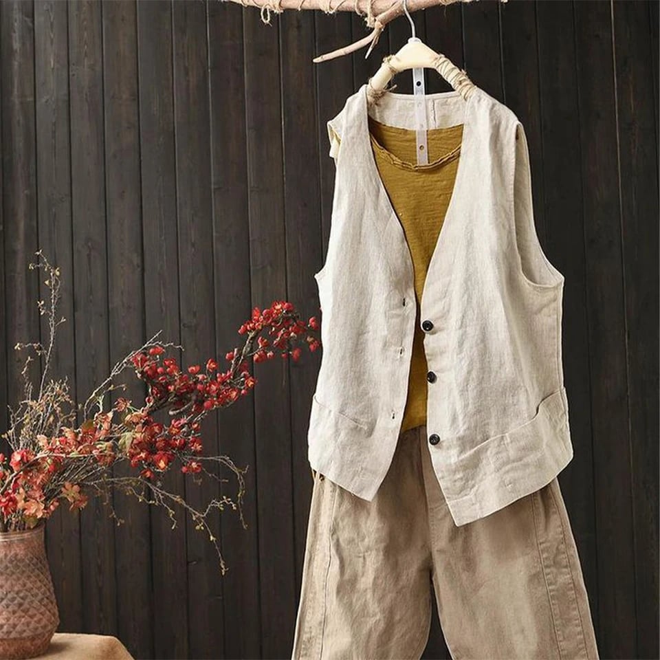 Pánská lněná vesta letní elegantní jednobarevná slim fit volnočasový styl 3 knoflíky