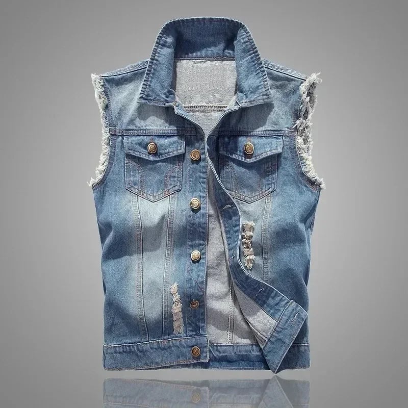Pánská modrá riflová vesta slim fit - módní jarní/letní bunda bez rukávů