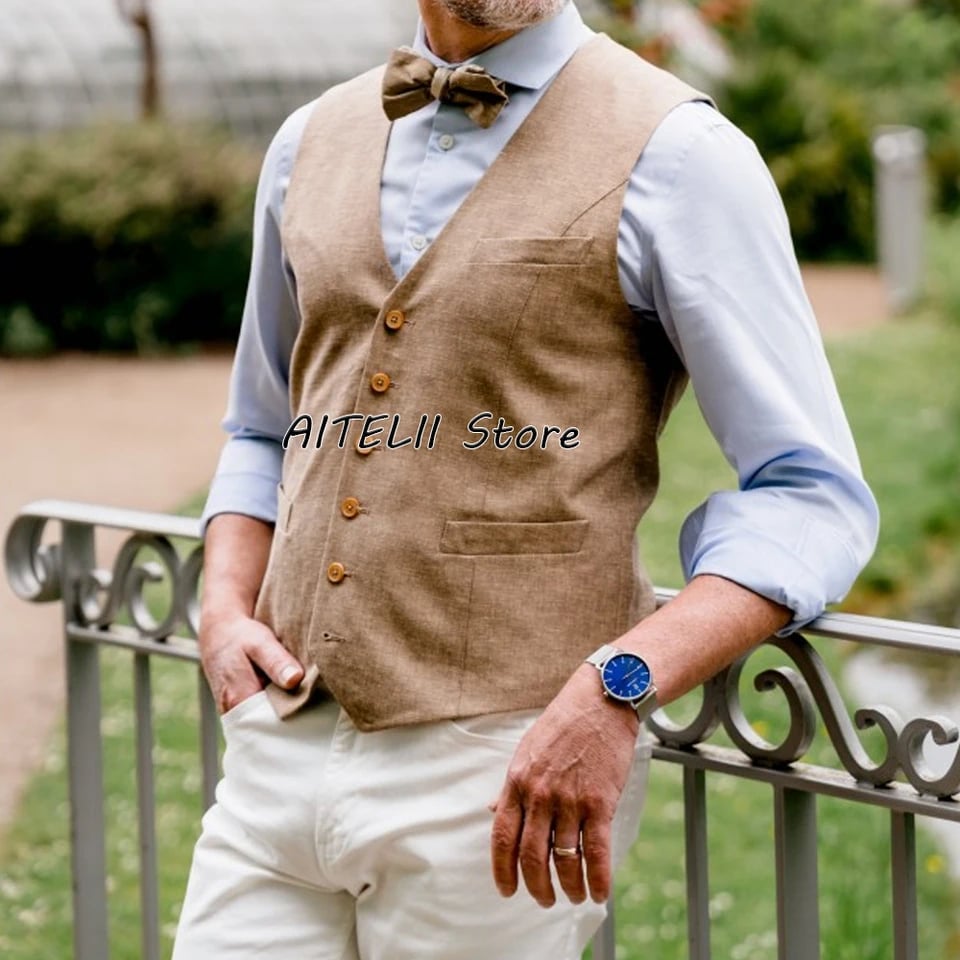 Pánská elegantní lněná vesta slim fit pro společenské a pracovní příležitosti