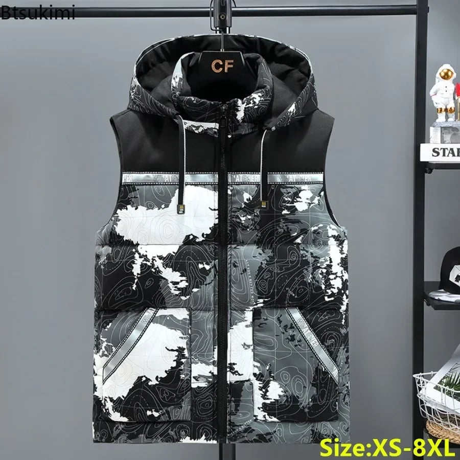 Pánská maskáčová vesta XXL - zimní zateplená fleecová vesta s kapucí pro outdoor a volný čas