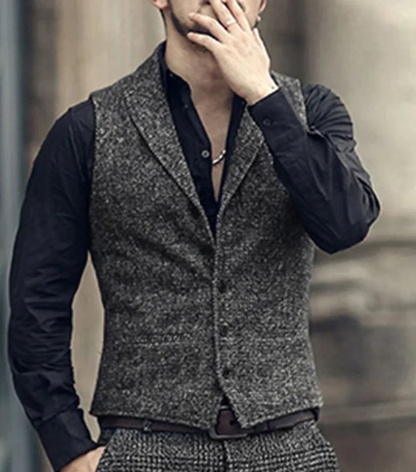Pánská elegantní vesta s rybí kostí pro svatbu a společenské události - vlněný tweed