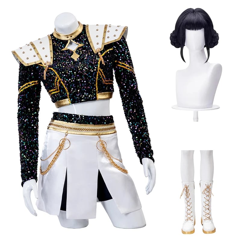 Dámský cosplay kostým KPop zpěvačky - černý kabát, paruka a boty pro párty a Halloween