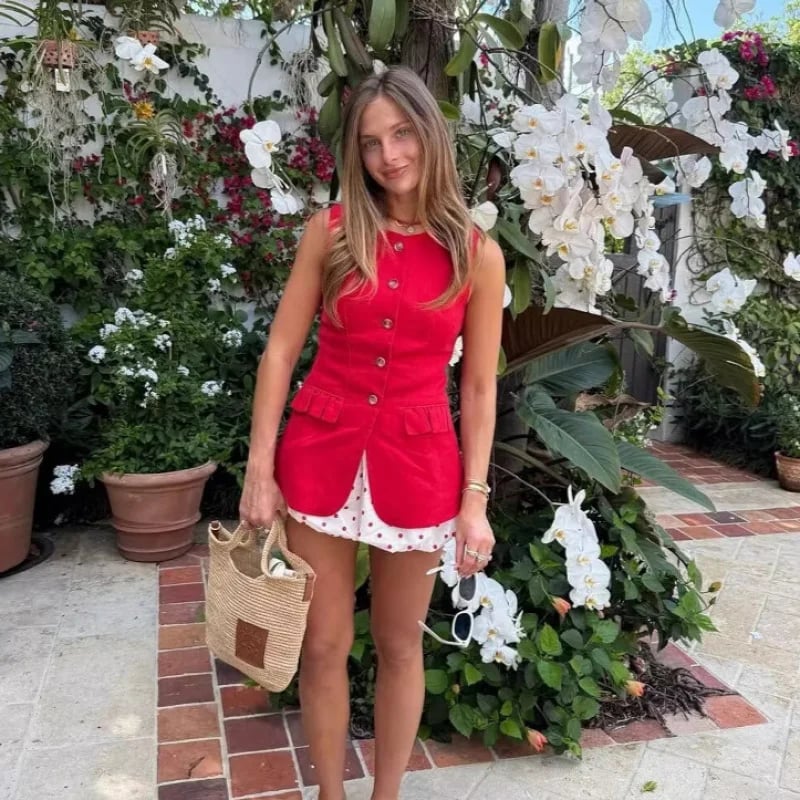 Elegantní dámská vesta bez rukávů červená letní módní top na knoflíky 2025