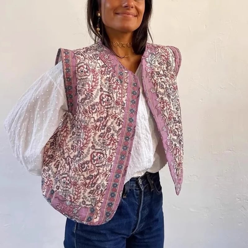 Dámská vintage vesta s výstřihem do V - elegantní letní crop top vzorovaný top