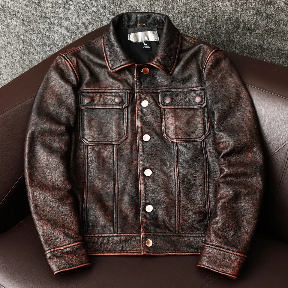 Pánská kožená bunda vintage motorkářský styl pravá kožená bunda hnědá distressed