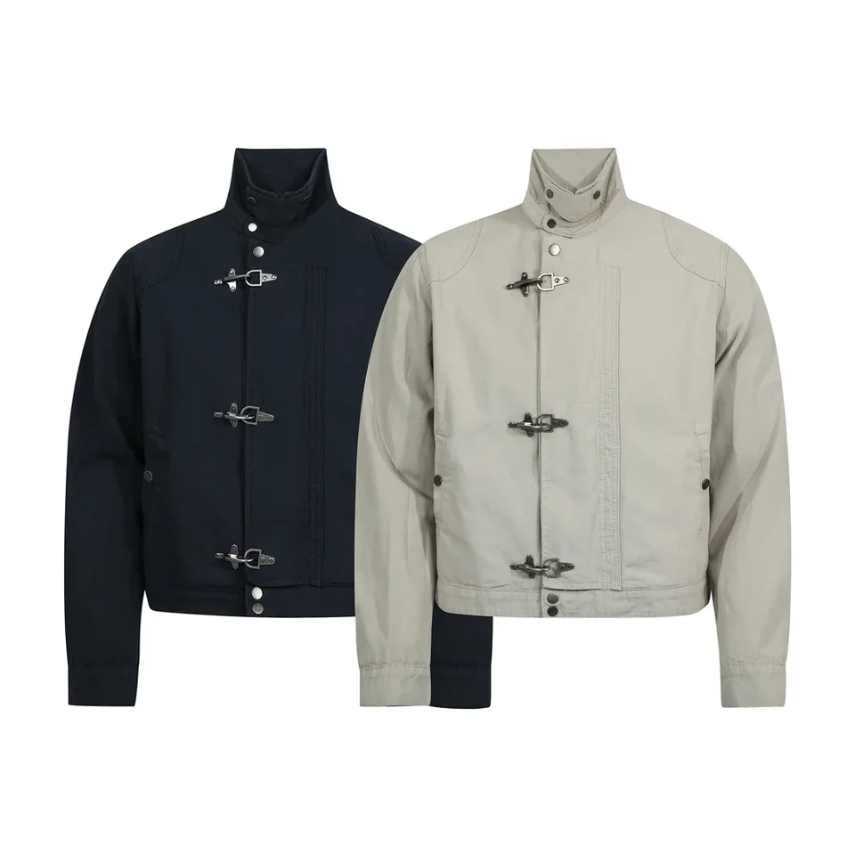 Pánská vintage navy modrá pracovní bunda s límcem a kapsami - volný střih patchwork design