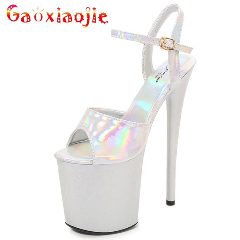 Dámské elegantní sandály na vysokém podpatku stříbrné barvy 20 cm platformou pro společenské události