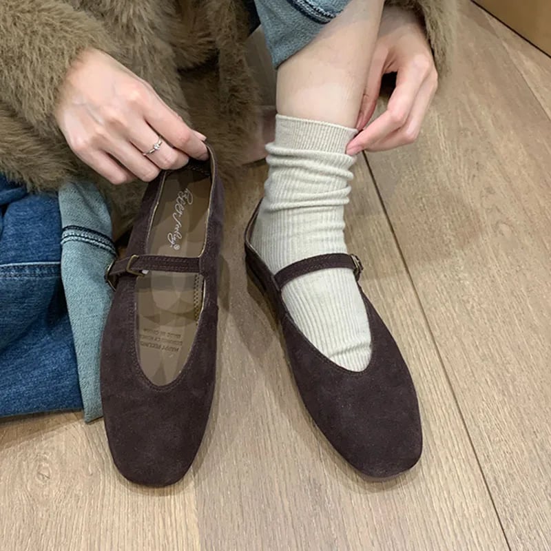 Ženské hnědé baletní boty slip on kulatá špička z měkké kůže
