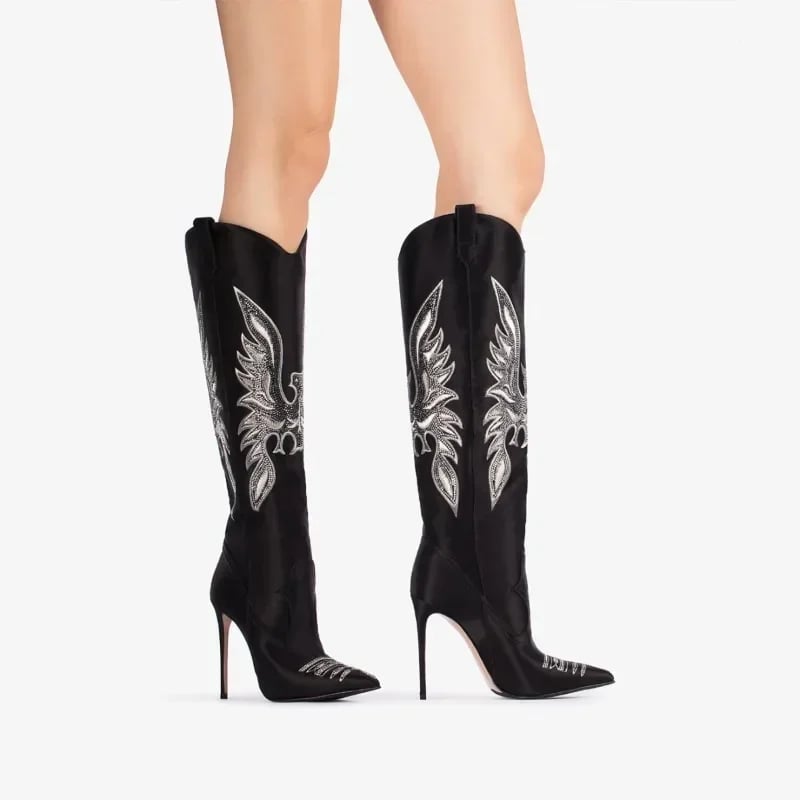 Dámské nadkolenní boty na vysokém podpatku špičaté Western denim výšivka nití rhinestones
