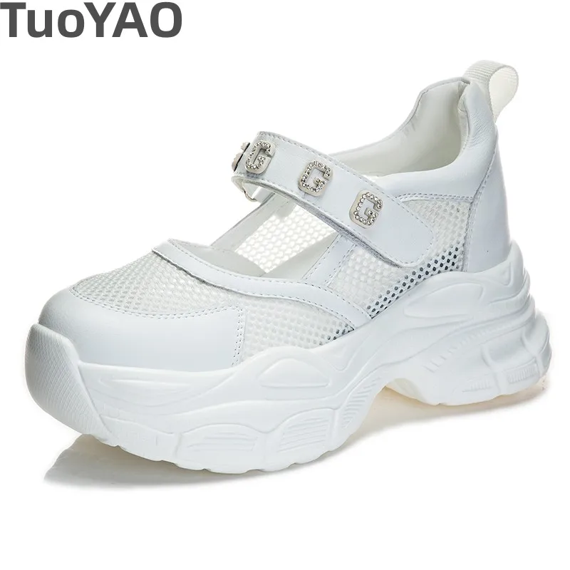 Dámské kožené tenisky s 7 cm platformou bez šněrování a prodyšnou síťovinou