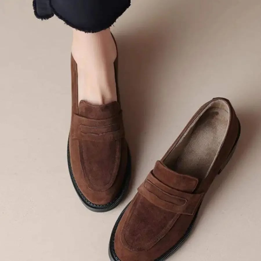 Dámské ručně vyrobené kožené ploché boty retro styl podzimní zimní semiš slip on kulatá špička
