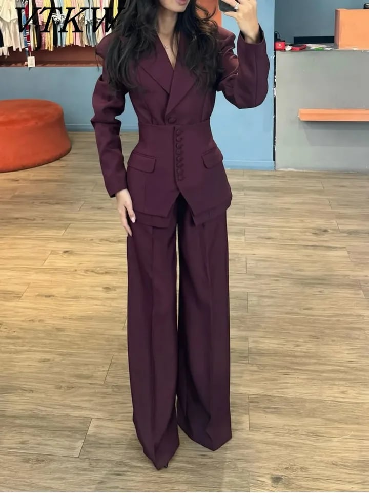 Dámský 2-dílný set blazer a kalhoty s vysokým pasem a širokými nohavicemi jaro léto casual oblek