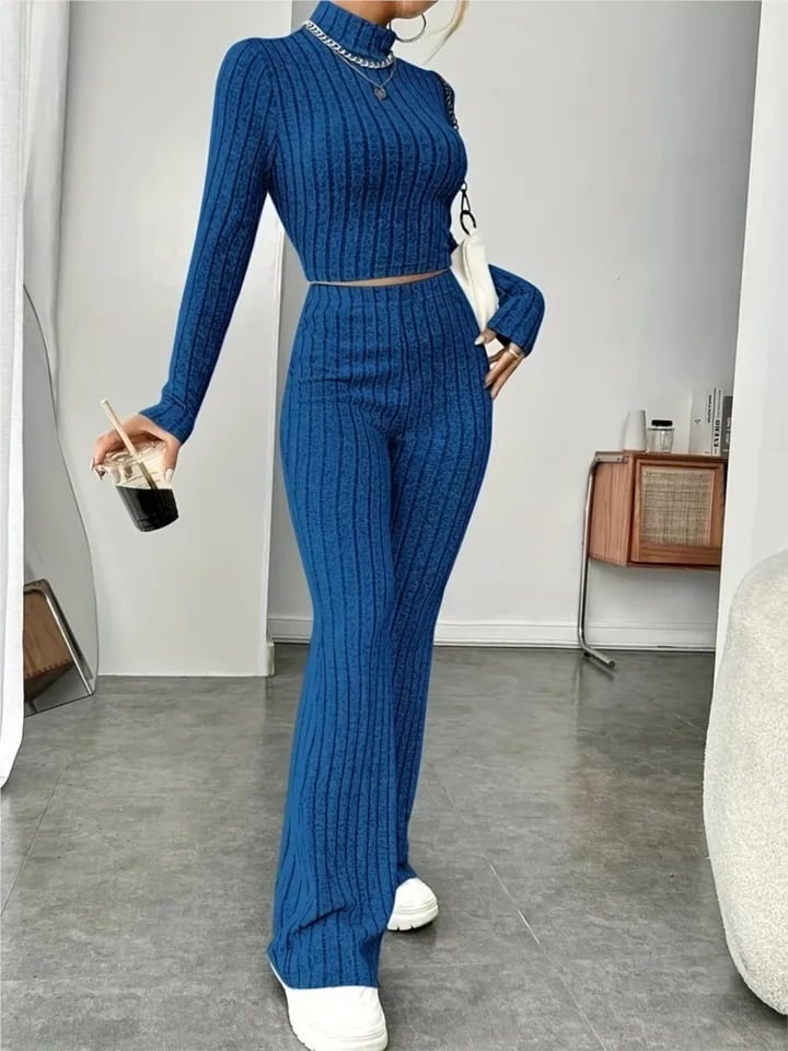 Podzimní dvoudílný pletený set pro ženy bodycon crop top s dlouhým rukávem a kalhoty s flare Y2K