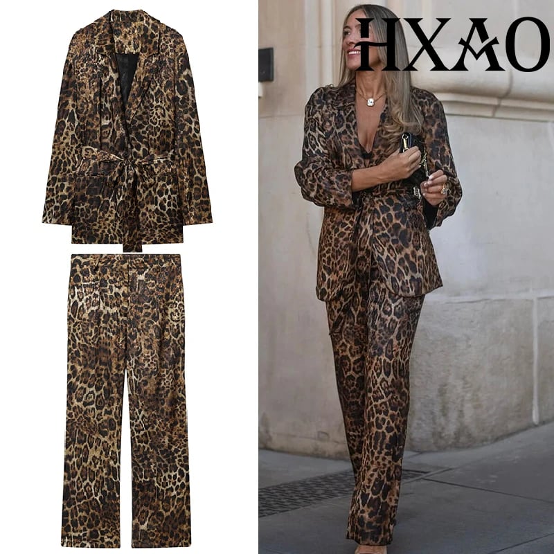 Leopardí vzor dvoudílný set sako a kalhoty pro ženy podzimní formální vintage