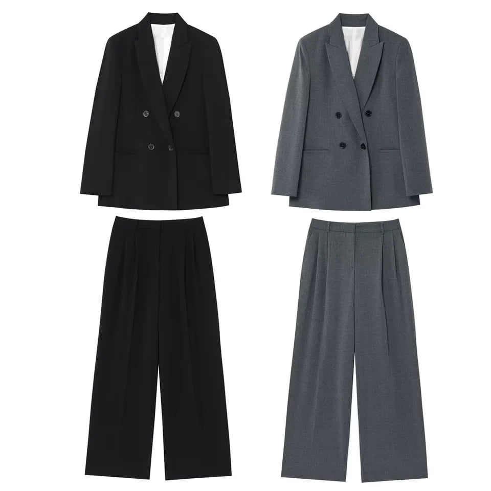 Dámské dvouřadové sako s ramenními vycpávkami a kalhoty s vysokým pasem na jaro léto